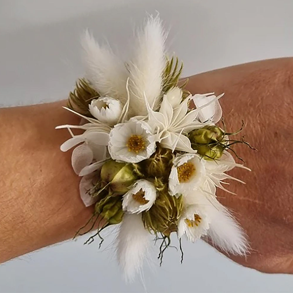 Dried Flower Wrist Corsage with ribbon - white